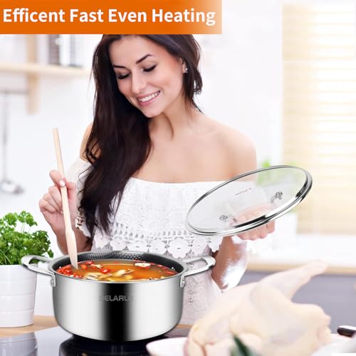 DELARLO Tri-Ply Stainless Steel Stock Pot, 5QT Non Stick Pots, Induction Ready, Cooking Pots with Lids, Stockpot 600℉ Oven Safe, 18/8 Food Grade Cookware, Soup Pot, Energy Saving, Lids 350℉ - Image 4