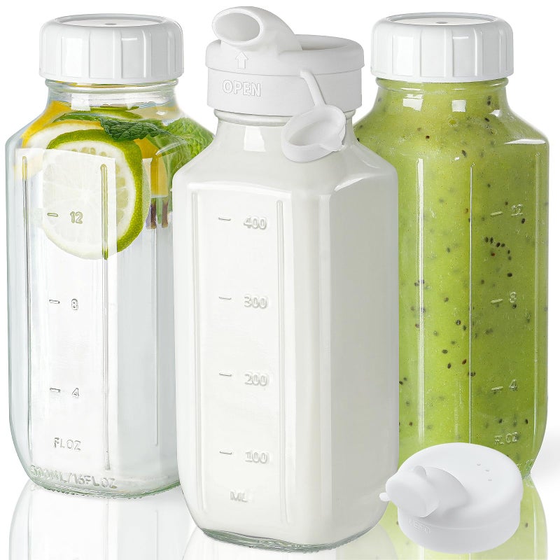 Syntic Glass Juice Bottles with Lids, 3 Pack Clear Glass Water Bottles w 2 Pour Spouts, 16 Oz Reusable Milk Jug w 100% Airtight Cap and Scale for Juicing Containers, Breast Milk Storage, Drinking Jar - Image 1