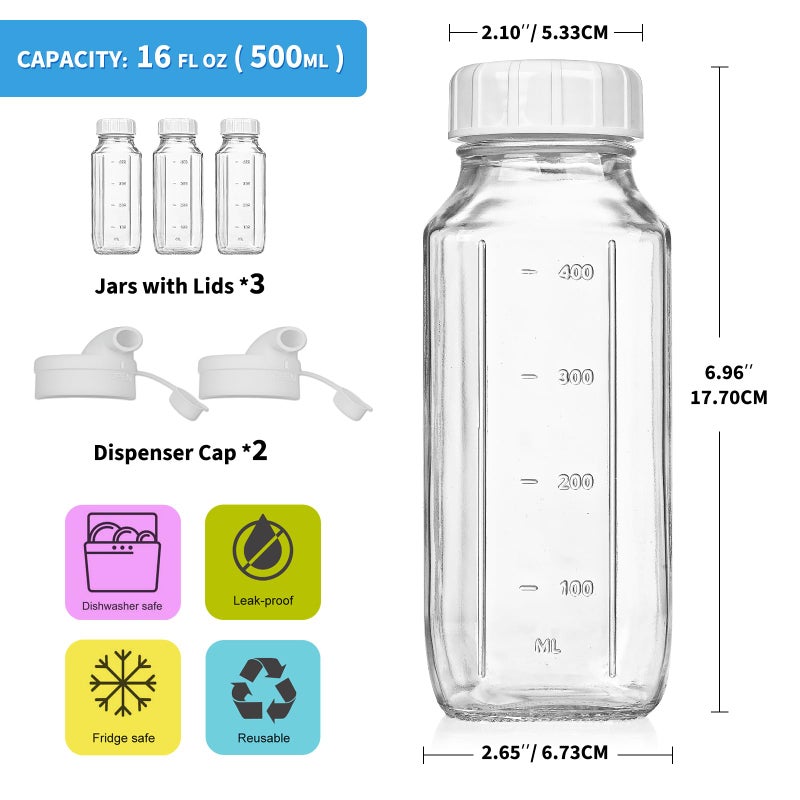 Syntic Glass Juice Bottles with Lids, 3 Pack Clear Glass Water Bottles w 2 Pour Spouts, 16 Oz Reusable Milk Jug w 100% Airtight Cap and Scale for Juicing Containers, Breast Milk Storage, Drinking Jar - Image 4