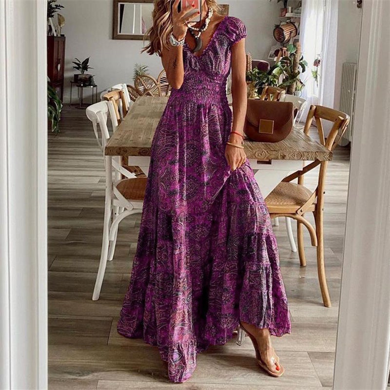Bohemian Floral Maxi Dress 2023 Waist Slimming Purple  - Image 1