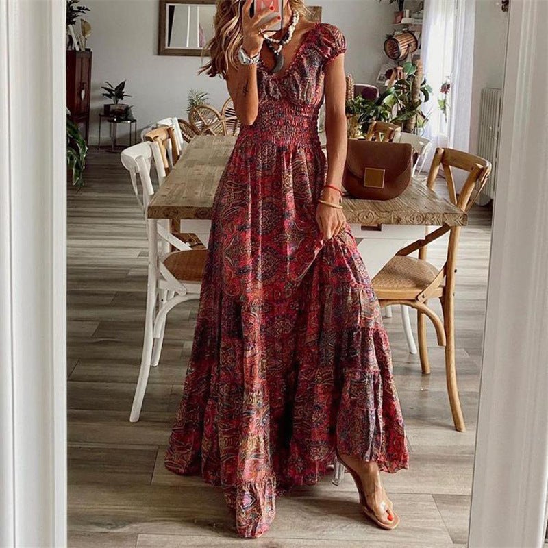 Bohemian Floral Maxi Dress 2023 Waist Slimming Purple  - Image 3