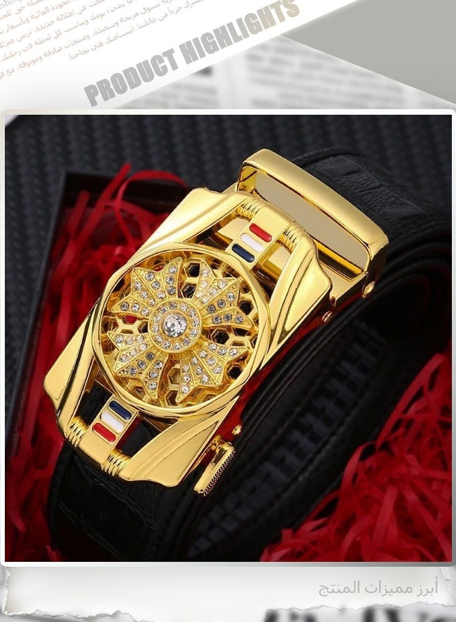 Men's Automatic Buckle Belt with Diamond Cross Design - Luxury Gold Pin Buckle Leather Waistband for Business & Casual Wear, Black (1PC Gift Box Packaging) - Image 4