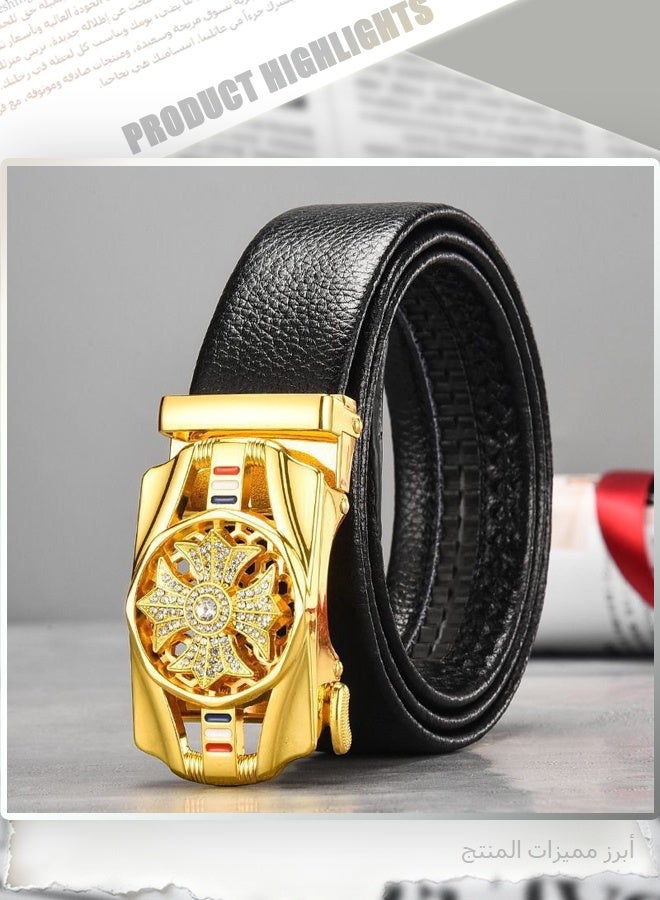 Men's Automatic Buckle Belt with Diamond Cross Design - Luxury Gold Pin Buckle Leather Waistband for Business & Casual Wear, Black (1PC Gift Box Packaging) - Image 5