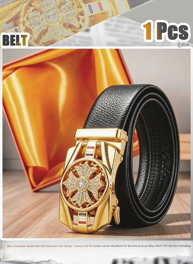 Men's Automatic Buckle Belt with Diamond Cross Design - Luxury Gold Pin Buckle Leather Waistband for Business & Casual Wear, Black (1PC Gift Box Packaging) - Image 1