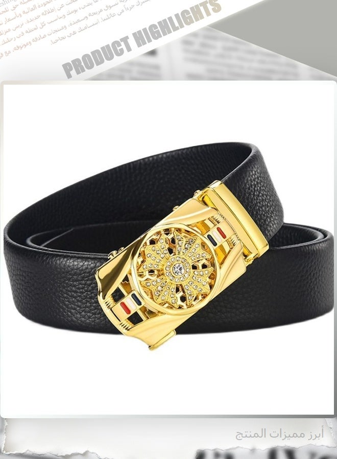 Men's Automatic Buckle Belt with Diamond Cross Design - Luxury Gold Pin Buckle Leather Waistband for Business & Casual Wear, Black (1PC Gift Box Packaging) - Image 3