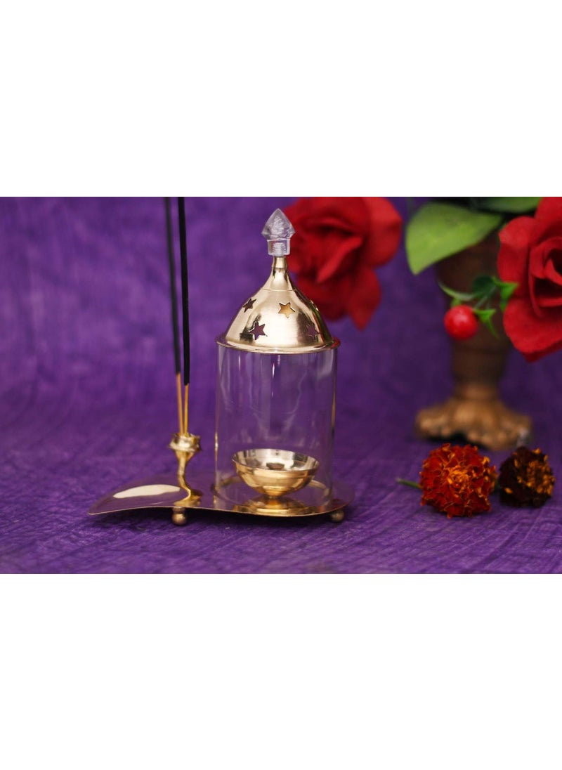 AC ANAND CRAFTS AC ANAND CRAFTS German Silver Diya Oil Lamp with Agarbatti Stand 28X21 cm Golden  - Image 1
