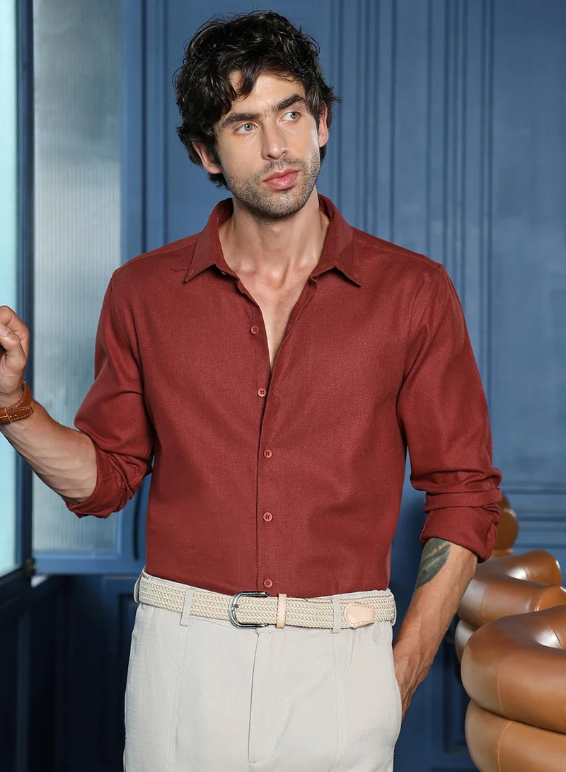 CAHOOT Men's Rust Self Design Regular Shirt For Casual Wear | Collared Neck | Long Sleeve | Button Closure | Cotton Shirt Crafted With Comfort Fit For Everyday Wear (3465)