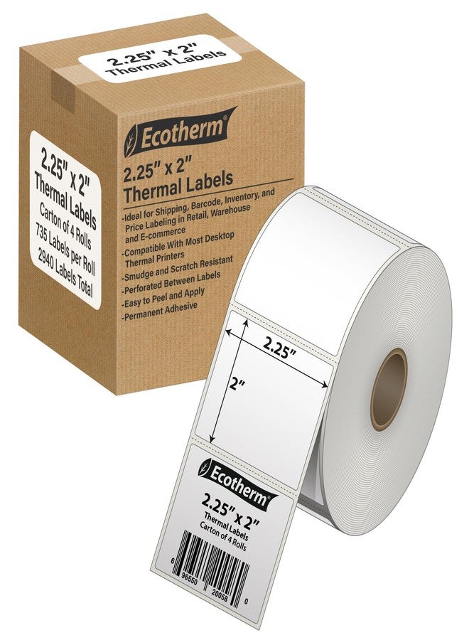Ecotherm ملصقات حرارية 2.25 بوصة × 2 بوصة | 4 لفات | 2940 ملصقًا | متوافقة مع طابعات الملصقات الحرارية من زيبرا، مونبين، رولو، جودكس، أركسكان، آي دي بي آر تي، أوفنوفا وغيرها | ملصقات لاصقة بيضاء فارغة من إيكوثيرم - Image 1
