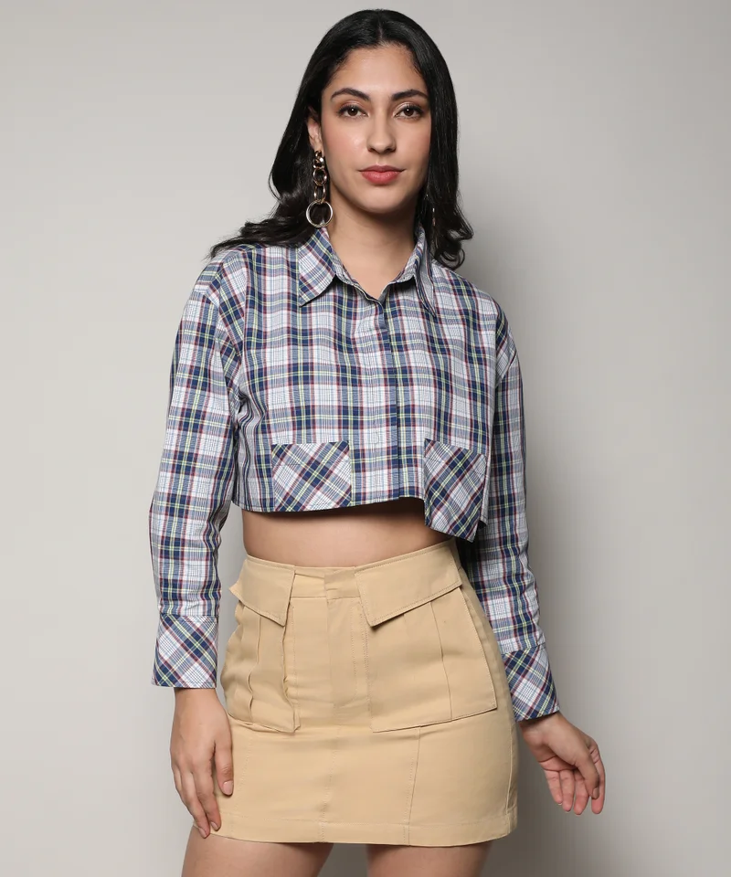 Campus Sutra Women's Indigo Blue & Ivory White Tartan Plaid Crop Shirt