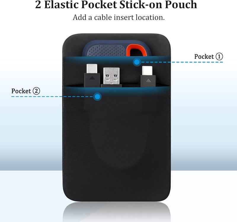Lacdo Portable Hard Drive Sleeve for Laptop, 2-Pocket Stick on Pouch with Reusable Adhesive, for San Disk, Samsung, Crucial External Solid State Drive SSD Hard Drive Carrying Case Organizer, Black - Image 5