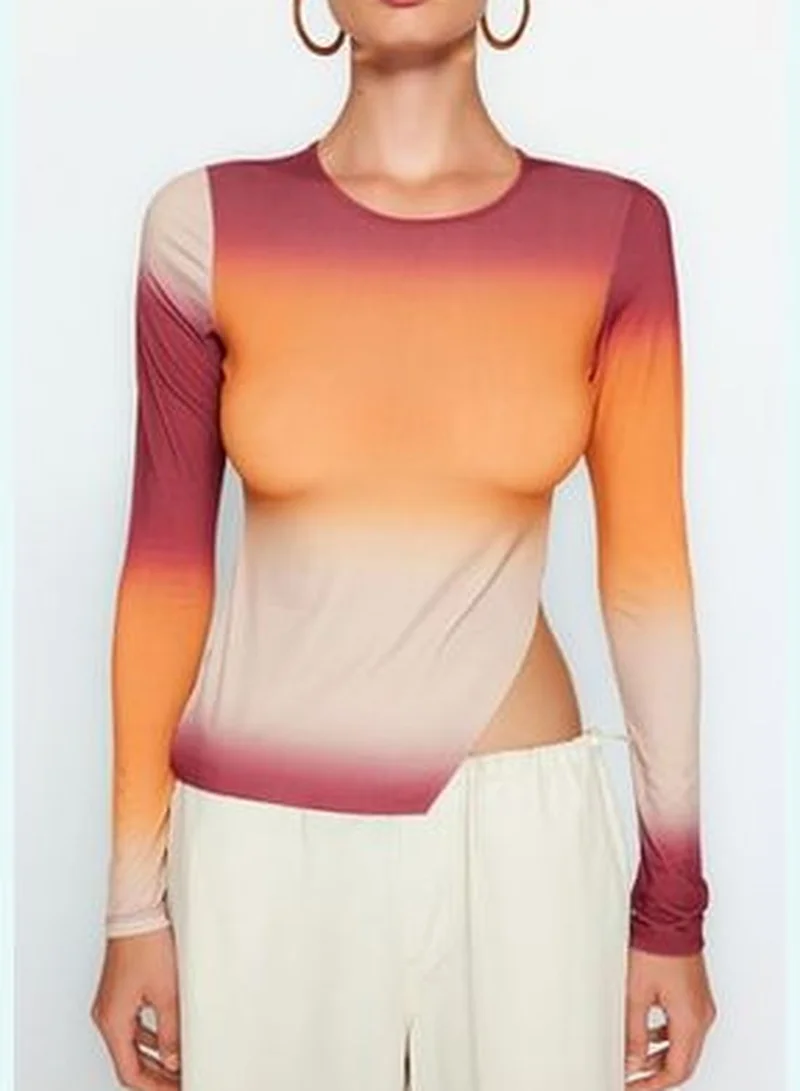 trendyol Orange Gradient Pattern Asymmetrical Stretchy Knit Blouse TWOAW24BZ00178