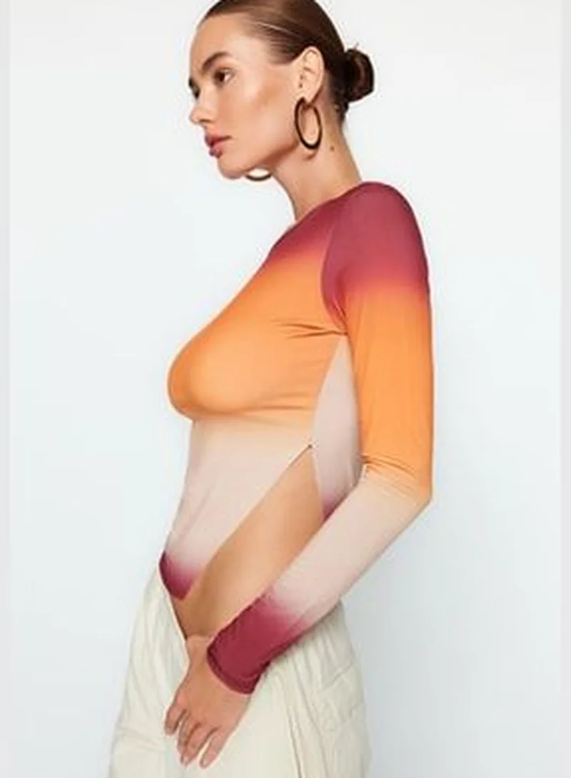 trendyol Orange Gradient Pattern Asymmetrical Stretchy Knit Blouse TWOAW24BZ00178