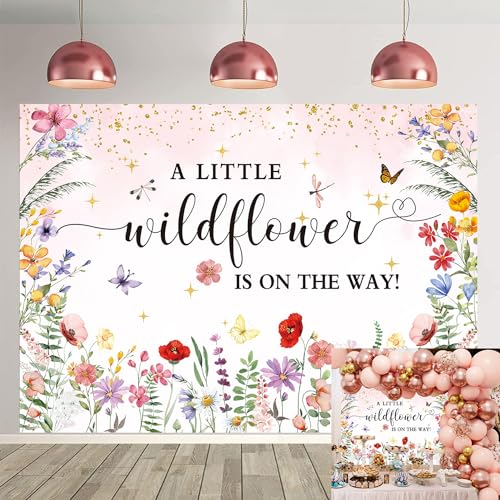 BUTEN Wildflower Baby Shower Decorations Backdrop Watercolor A Little Wildflower is On The Way Photography Background She is a Wildflower Theme Baby Girls' Baby Shower Cake Table Banner (7X5FT(82x59inch)) - Image 1