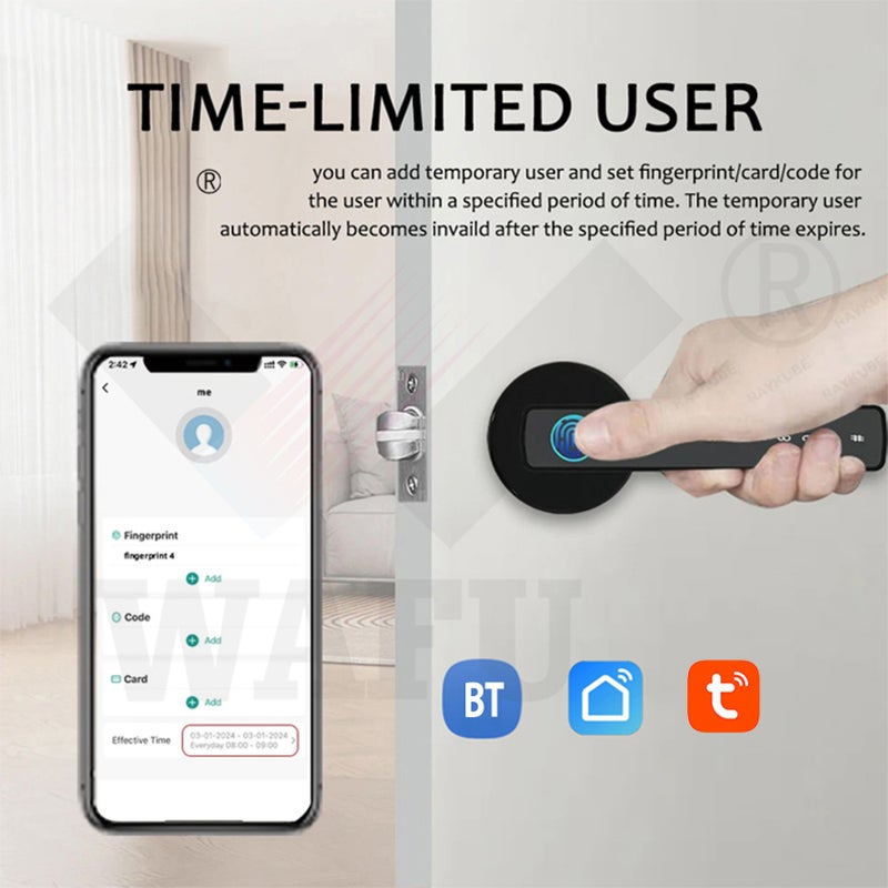 Wafu Smart Lock Keyless Entry Door Lock with BLE Gateway Handle Password Door Lock TY App Remote Operation BT 5-in-1 Fingerprint/Password/Card/Key/App Door Lock for 35-55mm Office Home Bedroom Door - Image 4