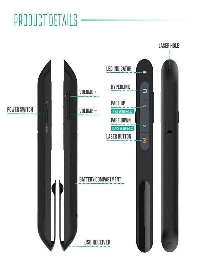 rts Wireless Presenter, Hyperlink Volume Control Presenter Rf 2.4Ghz Powerpoint Clicker Presentation Remote Control For Laser Pointer (Black) - Image 3