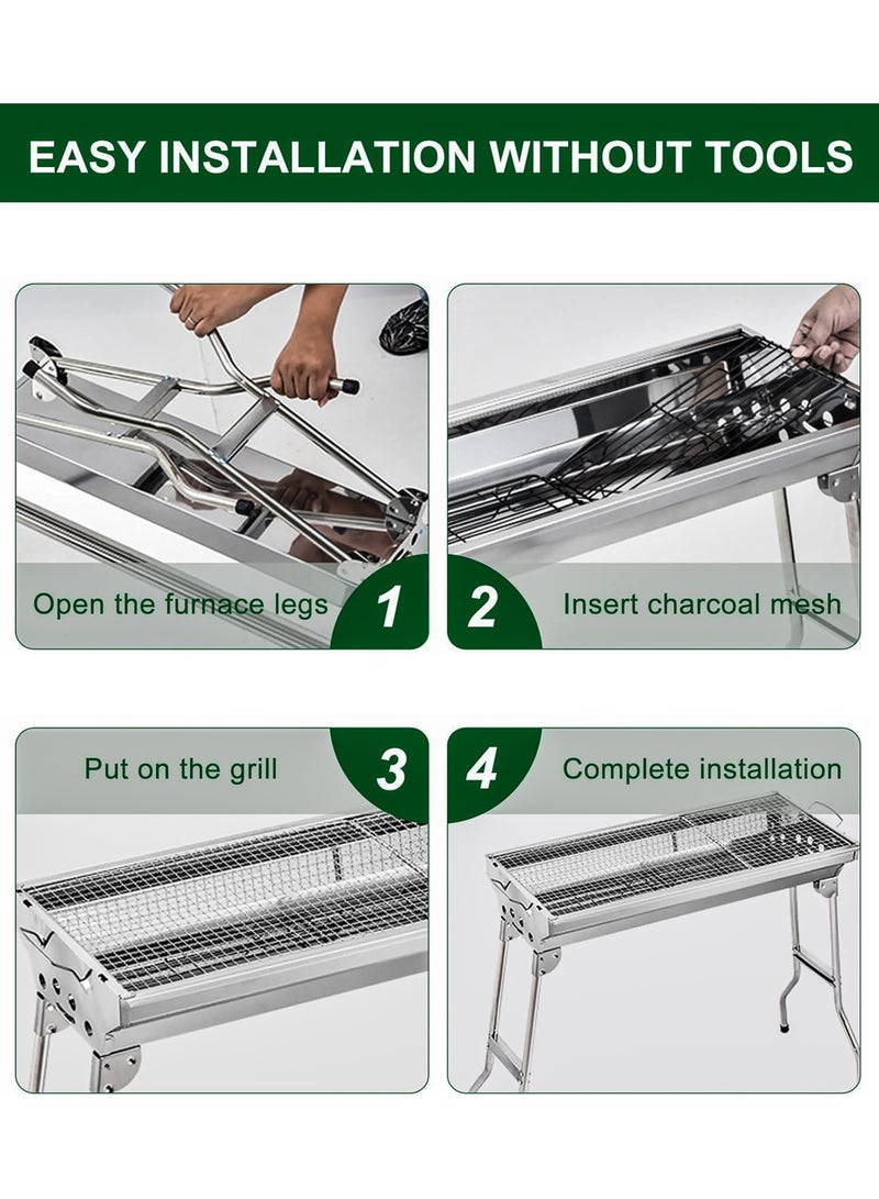 R.VIHAN Foldable Charcoal BBQ Grill 73x33cm Portable Large Capacity Stainless Steel Barbecue Rack with Stand, Anti-Scald Mesh Grill Clip for Kitchen Use, Mutton Kebabs, Chicken Sausage, Beef Boti Cooking, Outdoor Parties for 5-15 People - Image 4