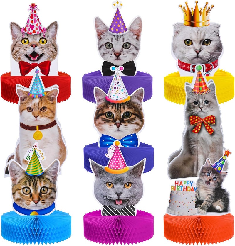 Teling 9 Pcs Cat Birthday Party Decorations Cat Themed Honeycomb Centerpieces Cats Party Supplies Cake for Kids Baby Shower Birthday Supplies - Image 1