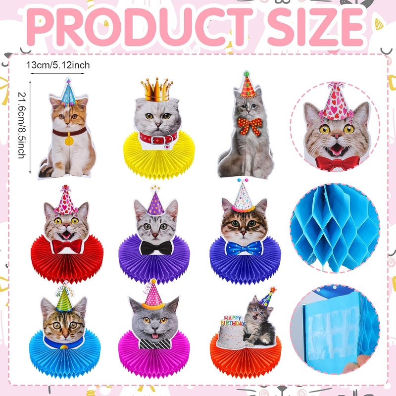Teling 9 Pcs Cat Birthday Party Decorations Cat Themed Honeycomb Centerpieces Cats Party Supplies Cake for Kids Baby Shower Birthday Supplies - Image 2