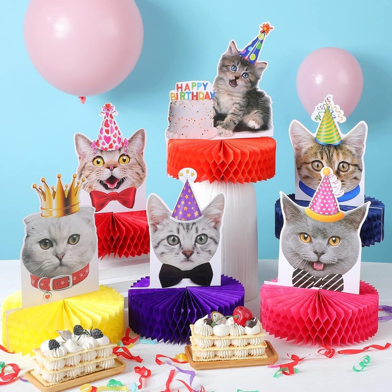 Teling 9 Pcs Cat Birthday Party Decorations Cat Themed Honeycomb Centerpieces Cats Party Supplies Cake for Kids Baby Shower Birthday Supplies - Image 4