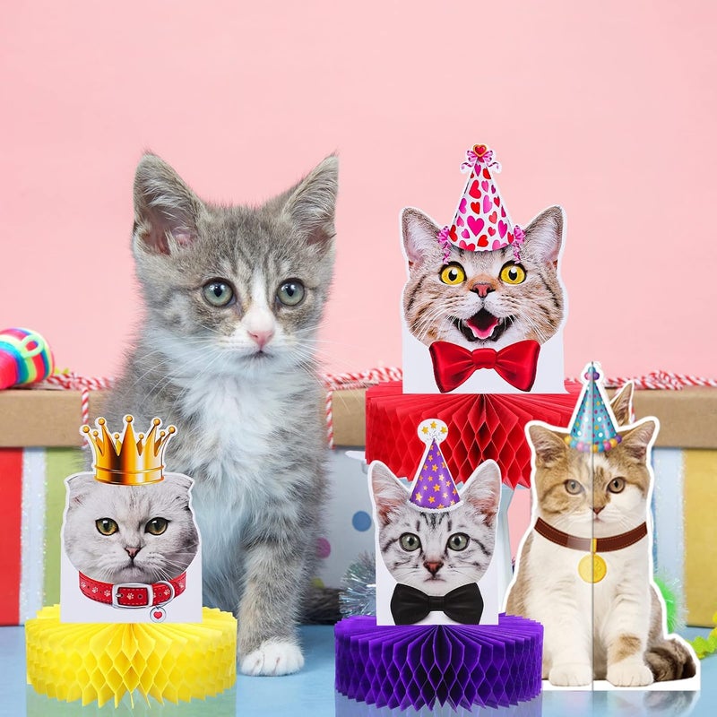 Teling 9 Pcs Cat Birthday Party Decorations Cat Themed Honeycomb Centerpieces Cats Party Supplies Cake for Kids Baby Shower Birthday Supplies - Image 5