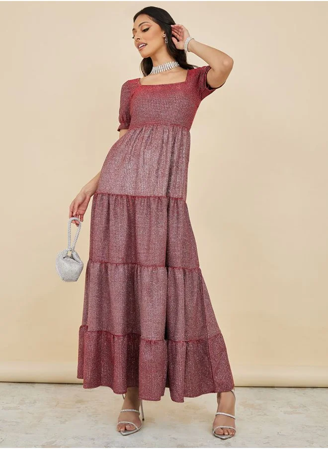 Styli Square Neck Self Design Tiered Maxi Dress