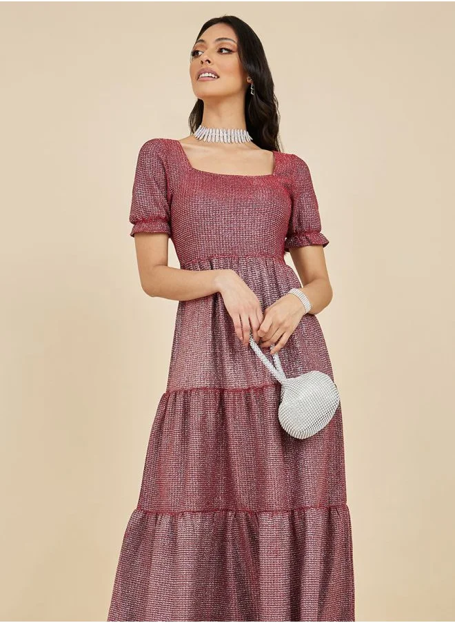 Styli Square Neck Self Design Tiered Maxi Dress