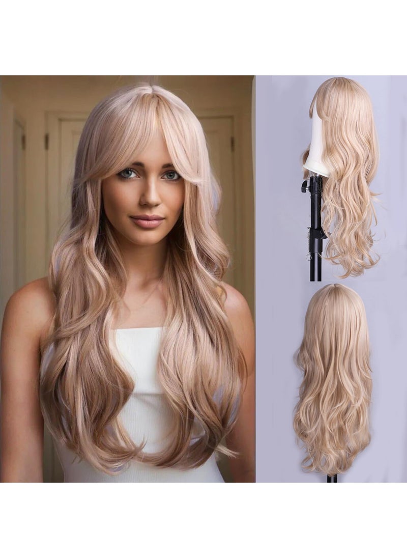 BERON - BERON Blonde Wigs Long Curly Wavy Women Wigs with Bangs Ash Blonde Curly Heat Resistant Synthetic Wigs for Daily Wigs Wig Cap Included - Image 1