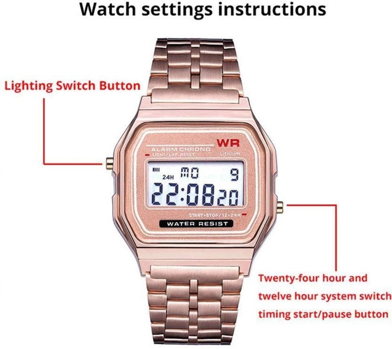 Acnos Brand Digital Rose gold Vintage Square Dial Black Band Unisex WR70ist Stainless Steel Watch for Men Women Pack of 1 (WR70-ROSEGOLD01) - Image 5