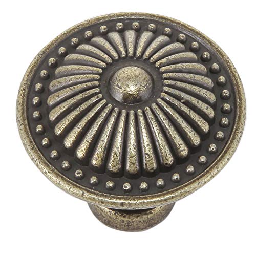 trust4care 5-Pack of Brushed Antique Brass Kitchen Cabinet Knobs Pulls, Round Vintage Antique Gold Dresser Drawer Knob for Closet Door, Weathered Bronzed Sunburst Pattern - Image 1