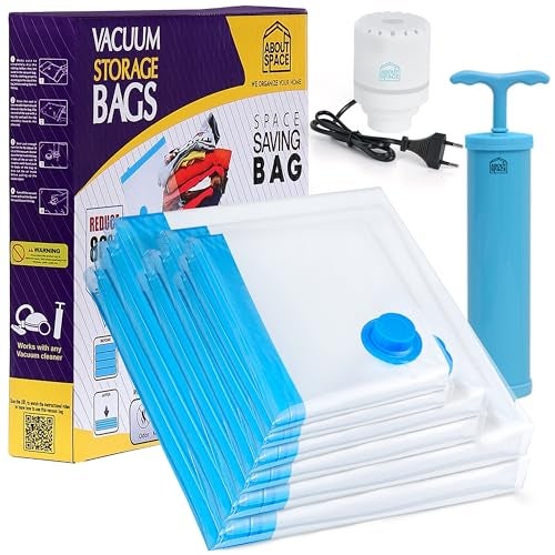 ABOUT SPACE 6 Pack 2 Medium 2 Large 2 Jumbo Vacuum Bags for Travel with Electric & Hand Pump | Space Saver Storage Organizer Bag for Pillows, Comforters, Ziplock Airtight Reusable Luggage Bags (Blue) - Image 1