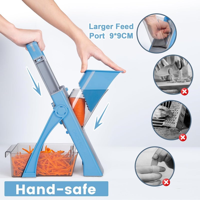 SupMaKin Upgrade Safe Mandoline Slicer Plus for Kitchen, Bigger Port Vegetable Food Potato Chopper, Adjustable Thickness, Julienne & Dicer Salad Making Chopping Artefakt (Blue & White) - Image 2