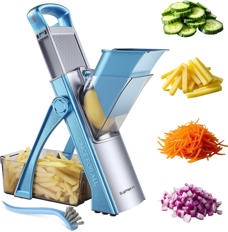 SupMaKin Upgrade Safe Mandoline Slicer Plus for Kitchen, Bigger Port Vegetable Food Potato Chopper, Adjustable Thickness, Julienne & Dicer Salad Making Chopping Artefakt (Blue & White) - Image 1