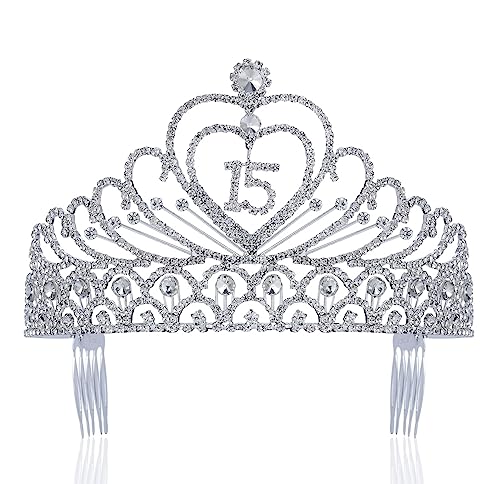 Janefashions Quinceanera Sweet 15 Fifteen 15th Birthday Party coronas de quinceañeras Clear White Austrian Rhinestone Tiara Crown with Hair Combs Princess Gold Silver T1756 (Silver With Combs) - Image 1