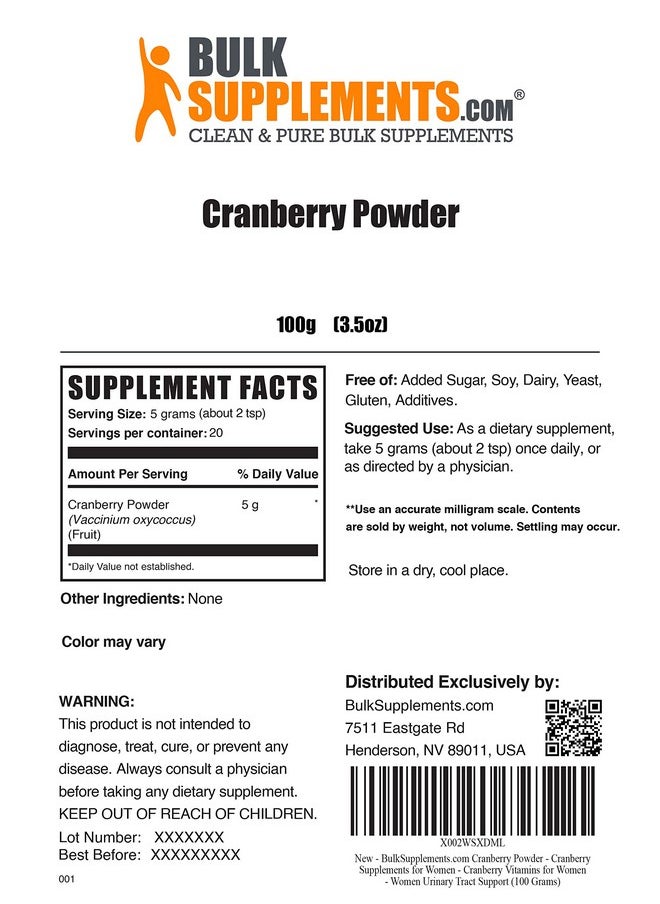 BULKSUPPLEMENTS.COM - Cranberry Powder Cranberry Supplement Dried Cranberries Unsweetened Cranberry Powder Supplement For Urinary Tract Health 5G Per Serving (100 Grams 3.5 Oz) - Image 1