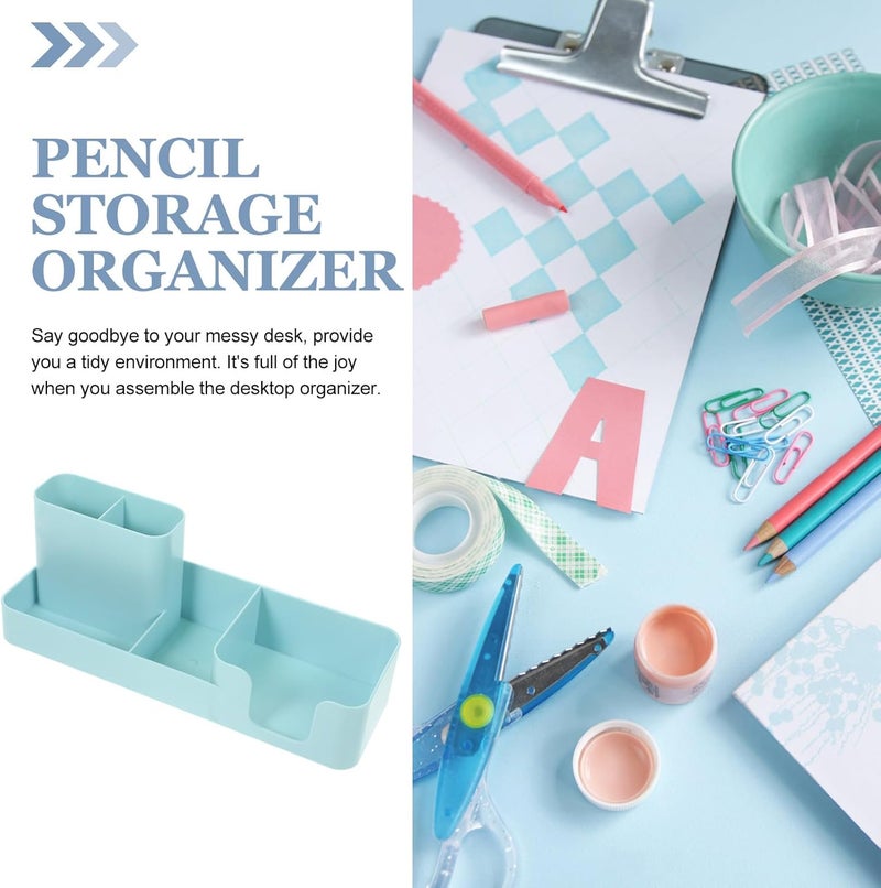 Desk Stationery Organizer Plastic Pen Holder with Compartments, Blue Multi-section Storage Container for Office Desk Accessories and Workspace Organization - Image 3