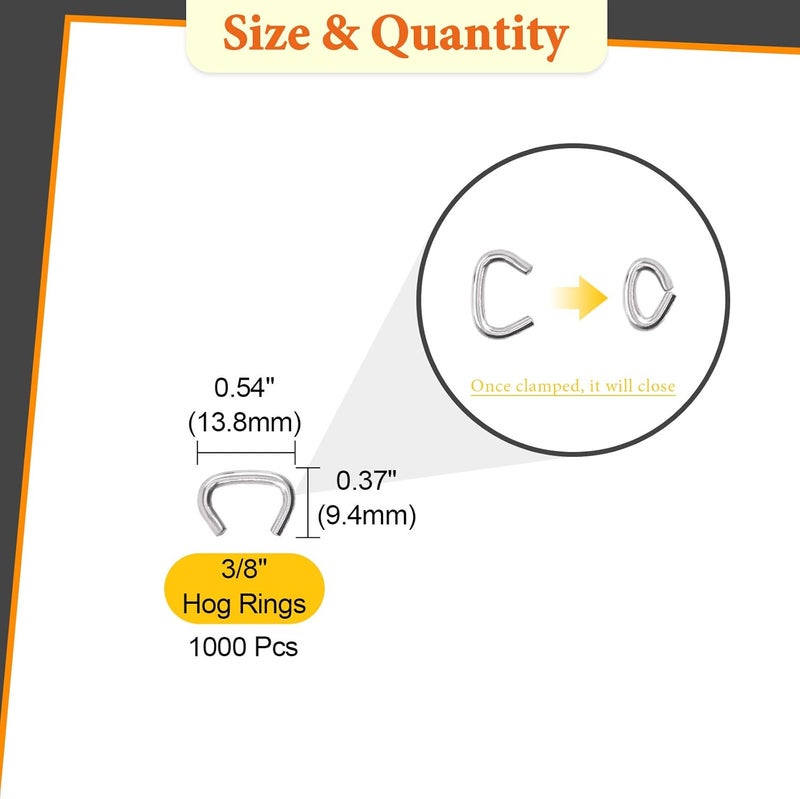 Rustark 1000 Pcs 3/8" Galvanized Hog Rings, Professional Upholstery Hog Rings Set for Furniture,Fencing,Bagging, Railing, Sausage Casing, Meat bags, Shock Cords - Image 2