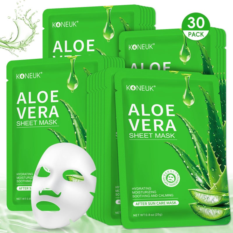 KONEUK 30 Pack Aloe Vera Hydrating Face Masks Skincare, Moisturizing & Soothing Sheet Face Mask for Skin Care, Bulk Aloe Face Masks for After Sun Care and Sunburn Relief - Image 1