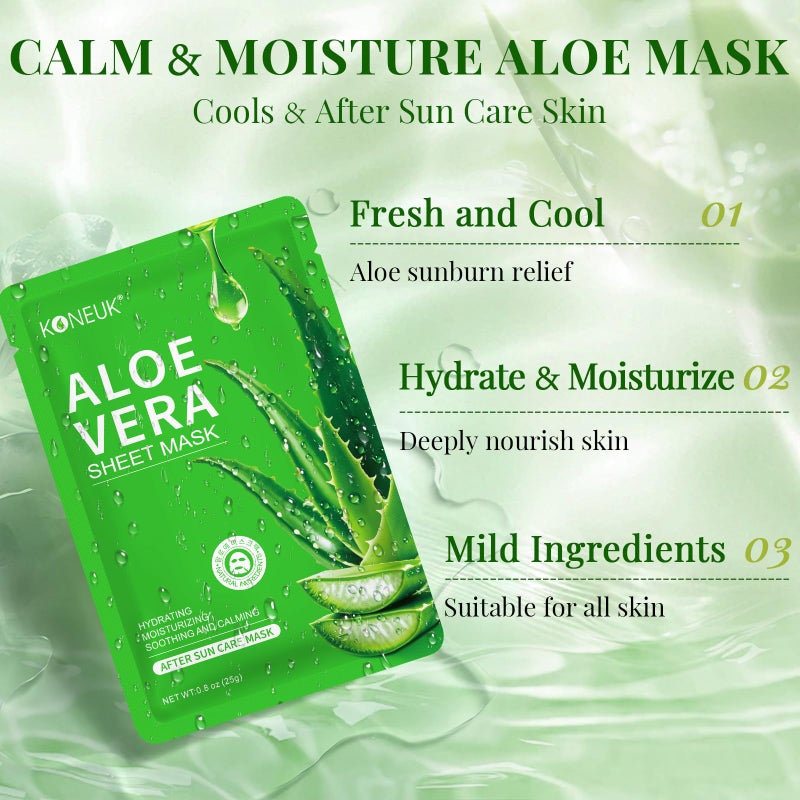 KONEUK 30 Pack Aloe Vera Hydrating Face Masks Skincare, Moisturizing & Soothing Sheet Face Mask for Skin Care, Bulk Aloe Face Masks for After Sun Care and Sunburn Relief - Image 3