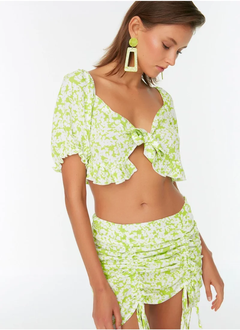 trendyol Floral Printed Ruffle Crop Top & Skirts Set