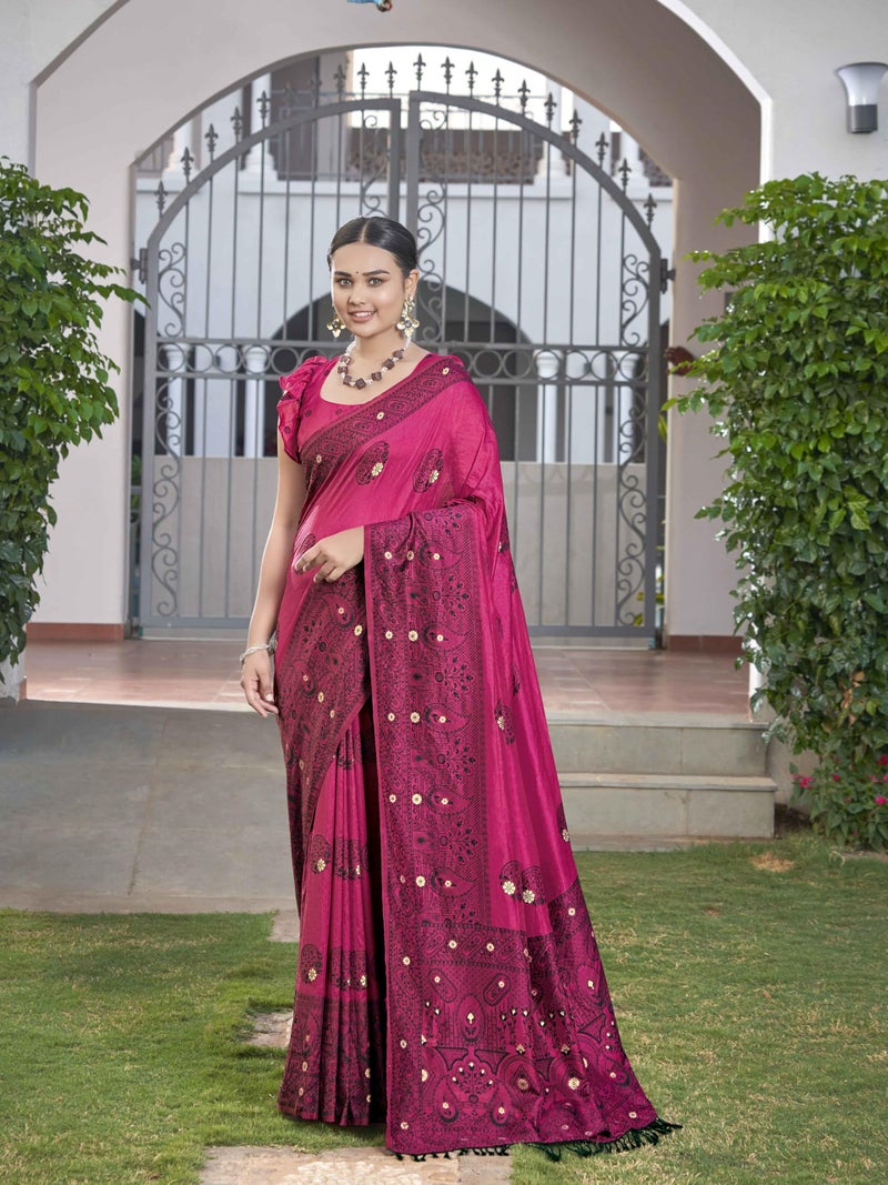 MANOHARI Women's Most Trendy Banarasi Woven Pink Saree With Heavy Jacquard Work Saree With Blouse Piece - Image 2