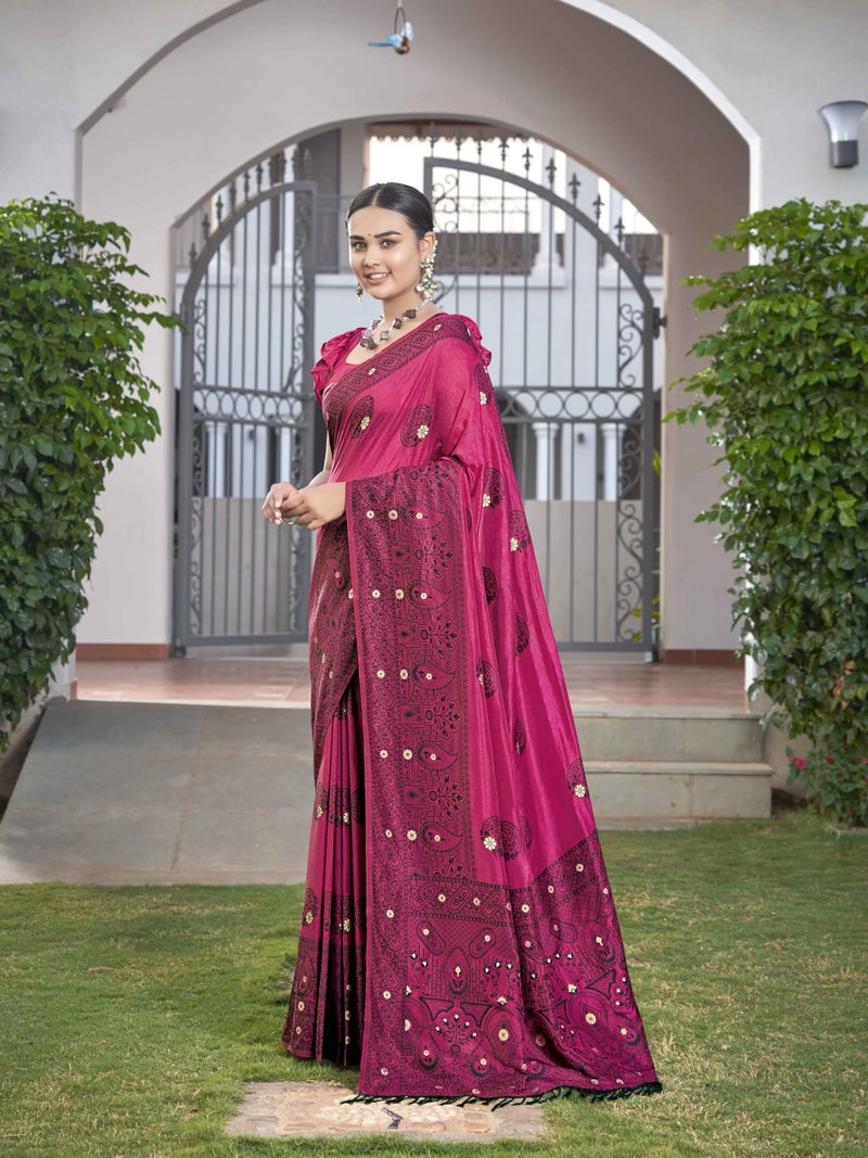 MANOHARI Women's Most Trendy Banarasi Woven Pink Saree With Heavy Jacquard Work Saree With Blouse Piece - Image 3