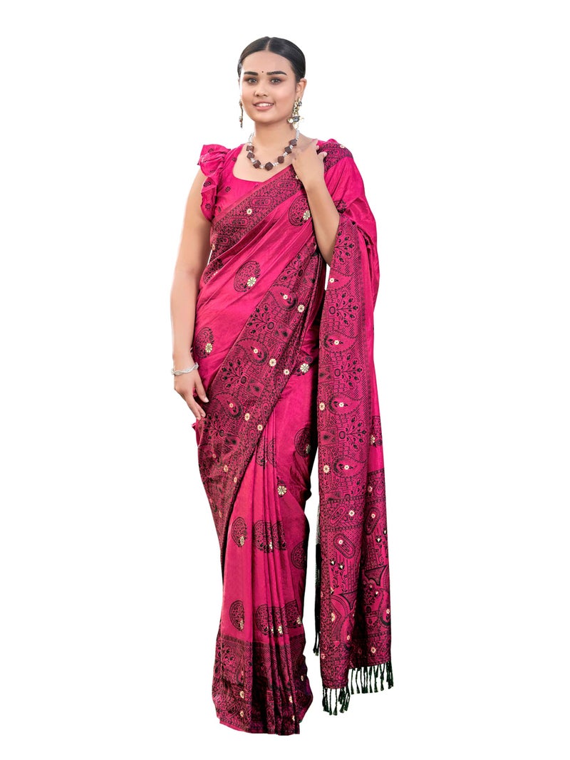 MANOHARI Women's Most Trendy Banarasi Woven Pink Saree With Heavy Jacquard Work Saree With Blouse Piece - Image 1