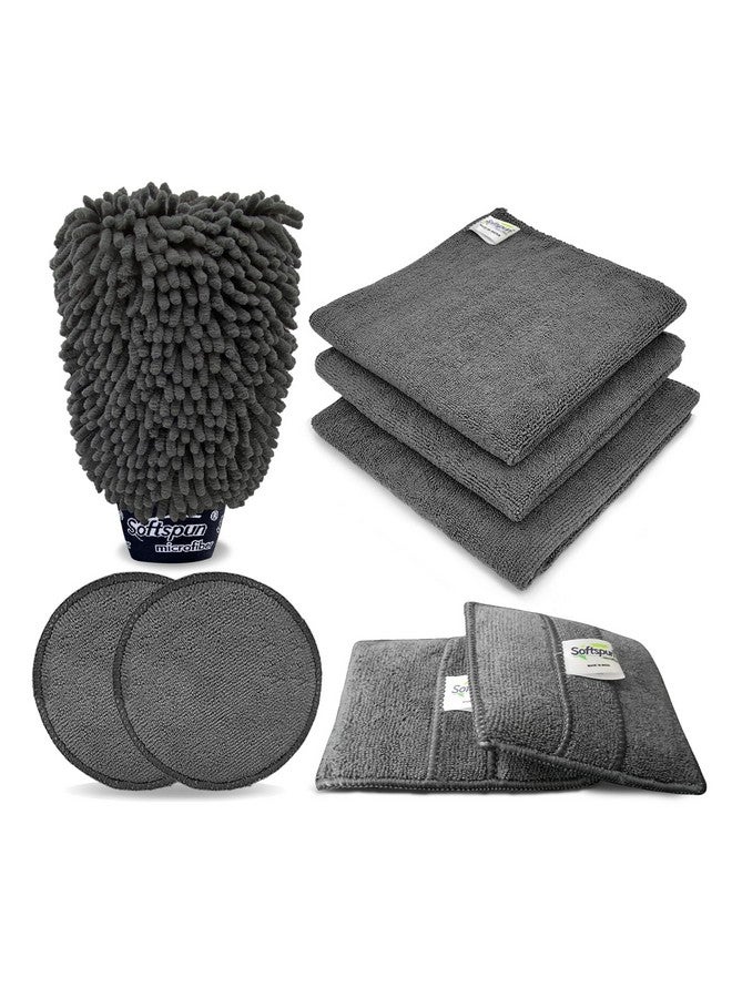 SOFTSPUN Microfiber Chenille & Singleside Gloves 1700Gsm & 2 Round & 2Square Polishing Pads With Towel 340Gsm 3Piece Pack Of 8 Combo Grey Multipurpose Superabsorbent And Perfect Car Wash Cleaning Kit. - Image 1