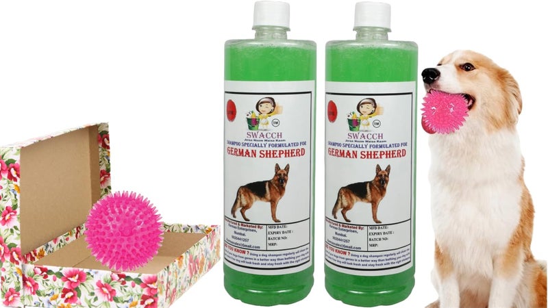 swacch Shampoo | Puppy Safe Shampoo | PH Balanced | Ditch to Itch for German Shepherd Shampoo 2 Litre (Neem Alovera) + Spike Ball Chew Toy Combo Pack - Image 1