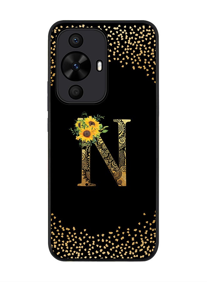 Stylizedd Rugged Black edge case for Huawei nova 12s / Huawei nova 11/ Huawei nova 12 Lite 4G,Custom Monogram Initial Letter Floral Pattern Alphabet - N (Black) - Image 1