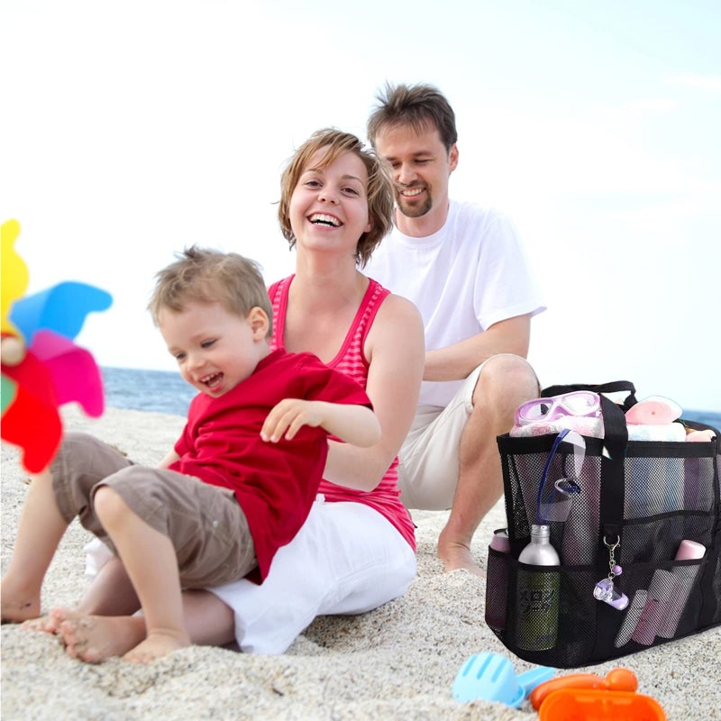 Yunaeduo Extra Large Mesh Beach Bag - Lightweight & Foldable Family Beach Bag with 9 Pockets for Toys, Towels & Vacation Essentials - Black - Image 5