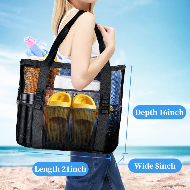 Yunaeduo Extra Large Mesh Beach Bag - Lightweight & Foldable Family Beach Bag with 9 Pockets for Toys, Towels & Vacation Essentials - Black - Image 2