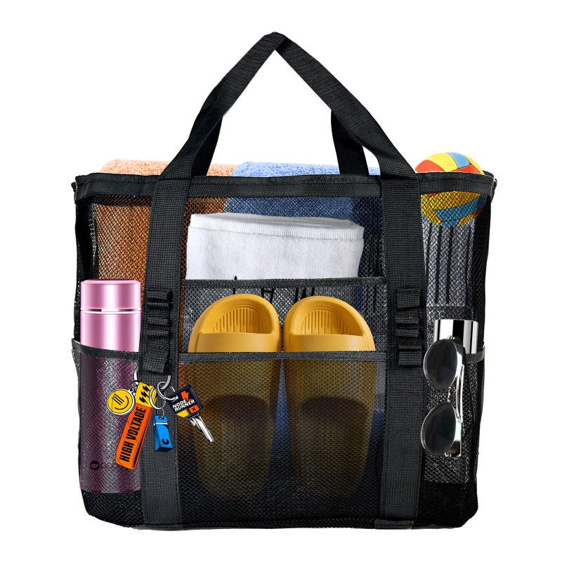 Yunaeduo Extra Large Mesh Beach Bag - Lightweight & Foldable Family Beach Bag with 9 Pockets for Toys, Towels & Vacation Essentials - Black - Image 1