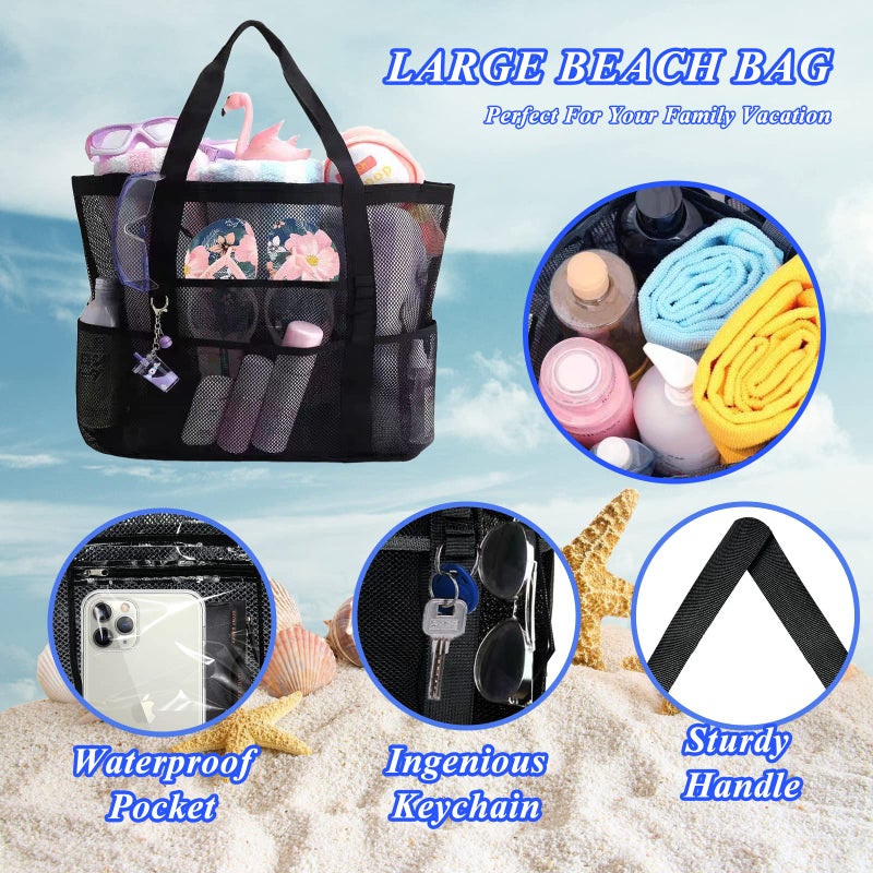 Yunaeduo Extra Large Mesh Beach Bag - Lightweight & Foldable Family Beach Bag with 9 Pockets for Toys, Towels & Vacation Essentials - Black - Image 4