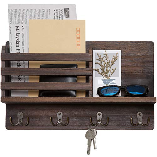 Dahey Dahey Wall Mounted Mail Holder Wooden Key Holder Rack Mail Sorter Organizer with 4 Double Key Hooks and A Floating Shelf Rustic Home Decor for Entryway or Mudroom157 W x93 Hx32 D Brown 